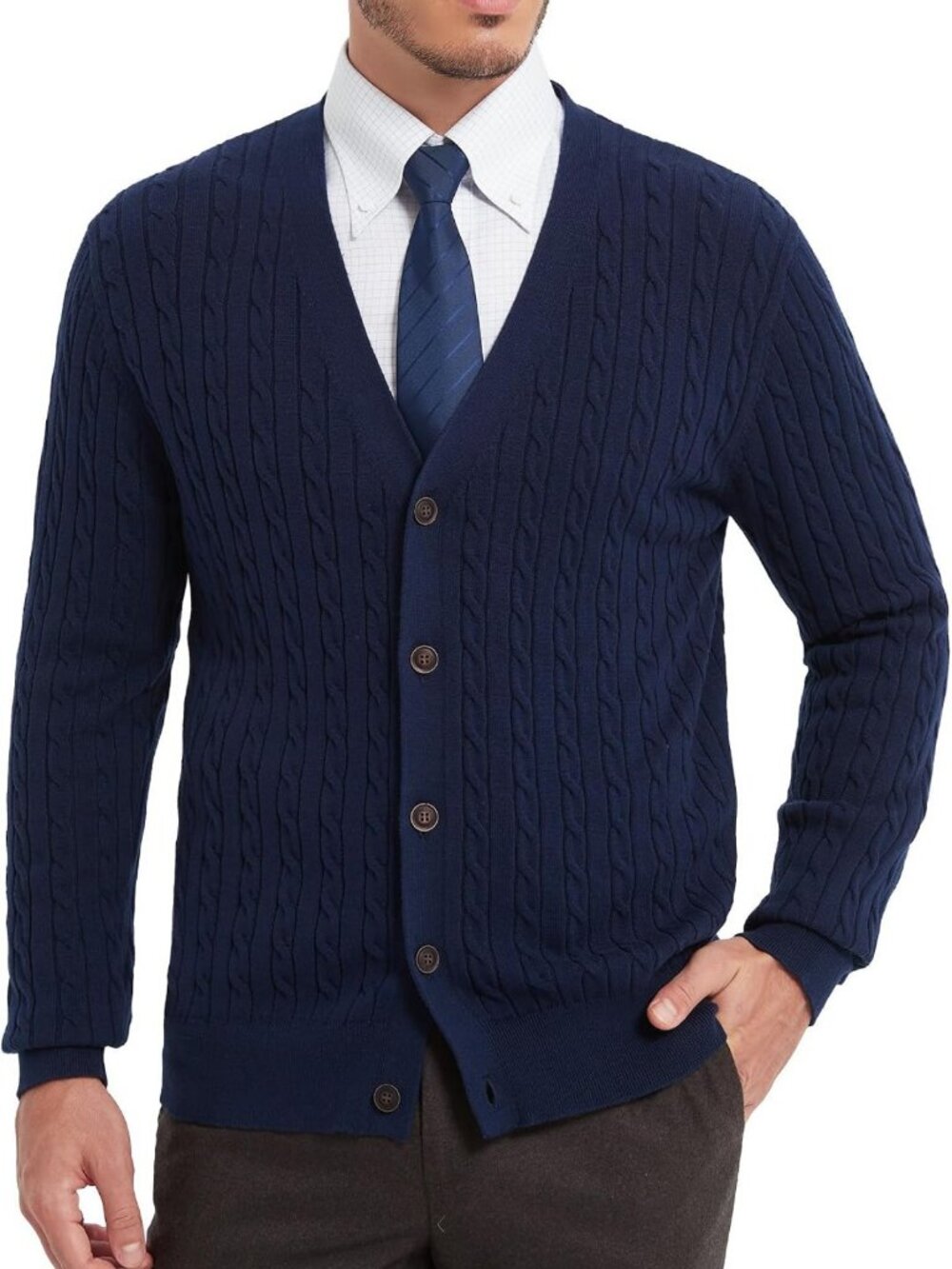 Men's Pure Cotton Cable Knit Cardigan Sweater - V Neck, Button Down, Classic
